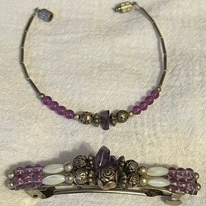 Rough cut tumbled Amethyst bracelet and barrette set